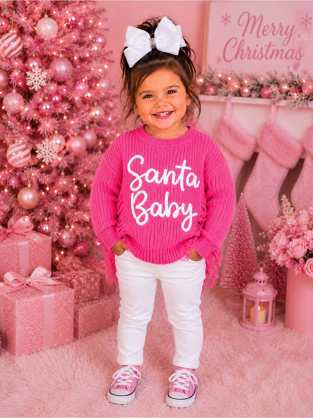 BRAND NEW WITH TAGS Girls Hot Pink “Santa Baby” Distressed Sweater – Holiday